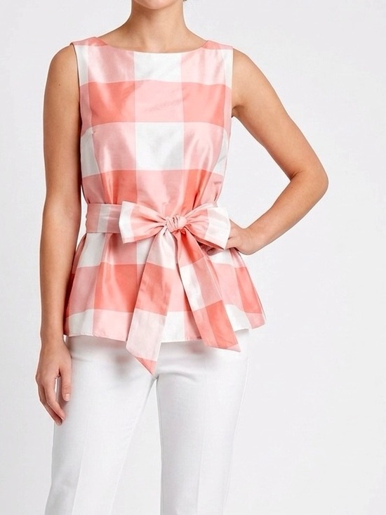 Sara Campbell Tops - SARA CAMPBELL Silk Peach Plaid Bow Sash Tie Waist Sleeveless Blouse Fully Lined